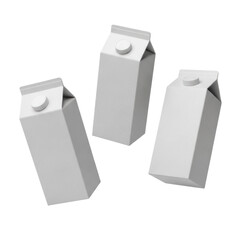 Three blank matte off-white recycled cardboard cartons on a transparent background with soft shadows. Concept for beverage packaging mockup