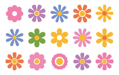 Obraz premium Collection of colorful daisy flowers in retro style with vibrant pastel colors and simple design