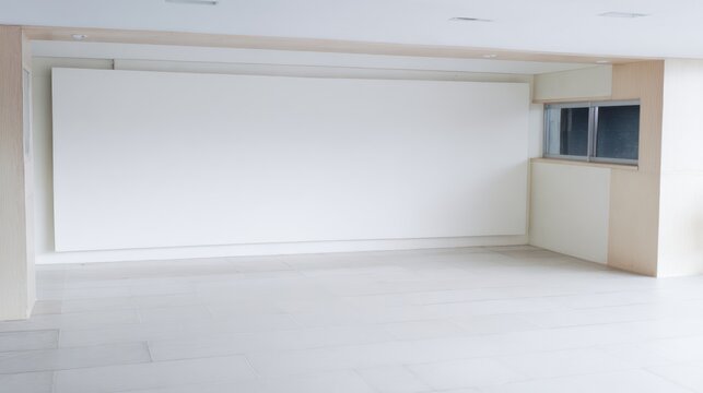 Empty room with white wall, small window, light-colored panels, and tiled floor