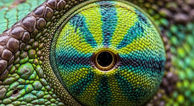 Extreme Close-up of a Colorful Chameleon Eye with Intricate Scale Patterns