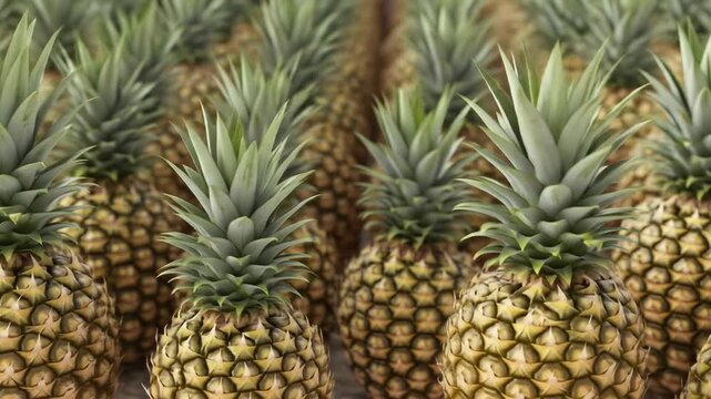 A vibrant and lush display of multiple pineapples standing upright in rows