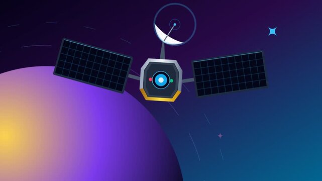 Futuristic satellite orbits a vibrant celestial body facilitating advanced global communication and data connections