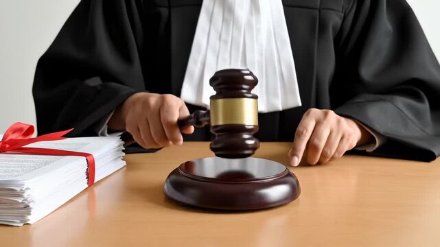 Judge in Robes Striking Gavel on Wooden Block, Courtroom Scene With Stack of Documents