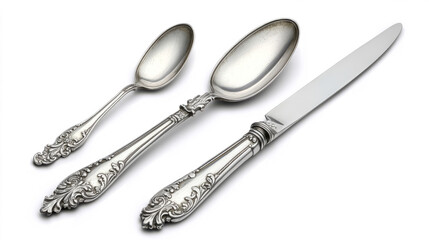 Fototapeta premium elegant set of antique silverware, including a knife, fork, and spoon, isolated on a transparent background 