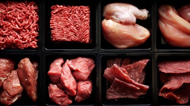 Various raw meats arranged neatly in black trays. Chicken, beef, and other protein sources