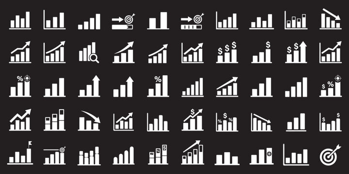 Business chart icon set showing growth and decline trends. Bar graphs with up and down arrows for analytics statistics financial performance revenue increase sales growth profit. Growing and Declining