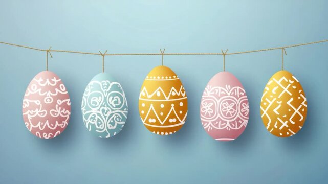 A collection of colorful Easter eggs decorated with various designs and patterns, hung from a string