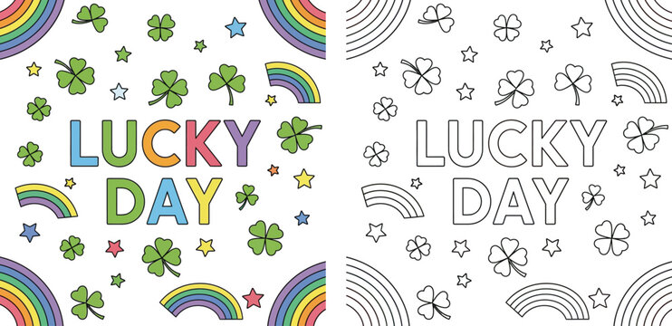 Lucky Day typography with shamrocks, rainbows, and stars. Colorful and black and white coloring page vector illustration for St. Patrick's Day.