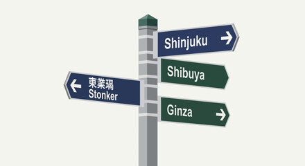 Fototapeta premium Tokyo Directional Signpost: Shinjuku, Shibuya, Ginza, Stonker