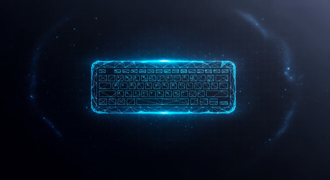 A digital illustration of a neon blue keyboard floating in space, emitting a futuristic glow against a starry cosmic backdrop, symbolizing technology and innovation.