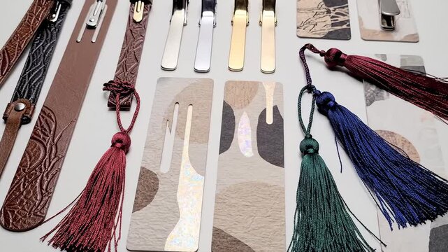Collection of Decorative Bookmarks With Tassels and Metal Clips on White Background