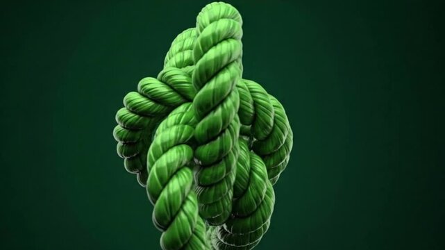 Intricate knot of vibrant green rope symbolizing strong connection, teamwork, and environmental unity. Vast copy space. 3D macro animation style.