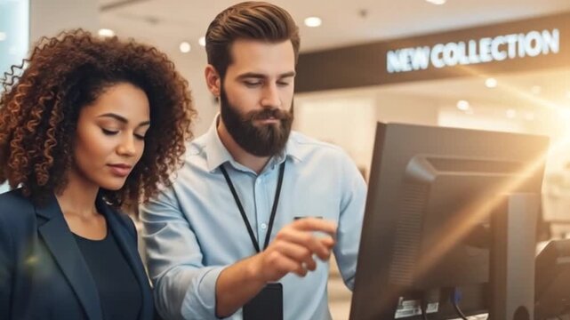 Focused store manager patiently training a new employee at the computer monitor in a modern clothing boutique. Copy space. Realistic corporate style.