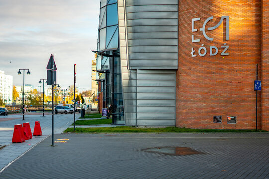 Modern architecture of EC1 Lodz, glass structures and steel details of revitalized power plant, New Centre of Lodz, industrial design, urban space, industrial heritage, autumn sun, cultural architectu