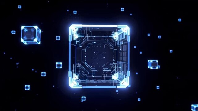 A glowing digital cube structure floating in a dark environment featuring complex data network connections for tech marketing.