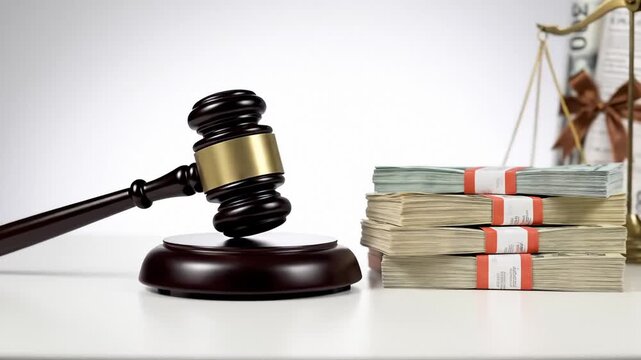 Gavel and Stacks of Money on Table With Scales of Justice in Background