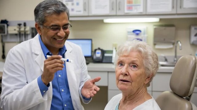 Professional Ophthalmologist Examining Senior Woman's Eyes with Penlight in a Clinic