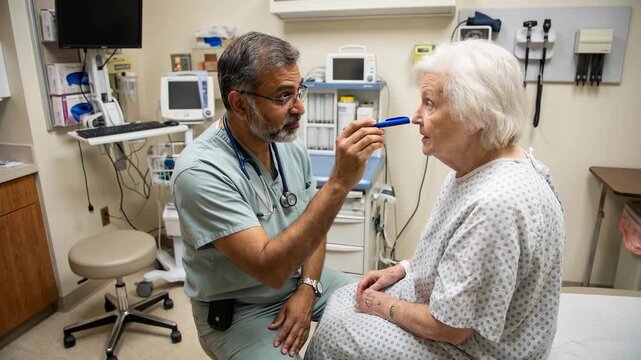 Doctor Examining Elderly Patient's Eyes with Penlight in Clinic for Vision Checkup and Geriatric Healthcare