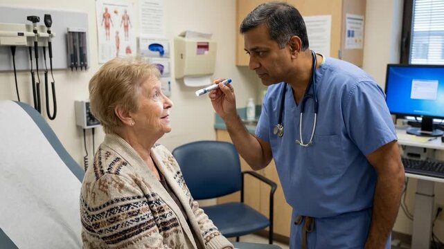Caring Doctor Examines Senior Woman's Eye with Penlight in Modern Clinic
