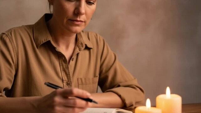 Peaceful woman expressing gratitude for the past day by writing in her personal diary by warm candlelight. Generous copy space. Cinematic indoor style.