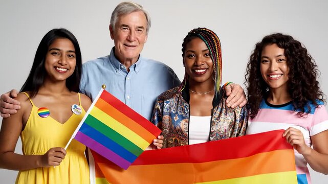 Diverse Group of People Holding Rainbow Flags and Showing Support for Lgbtq+ Community