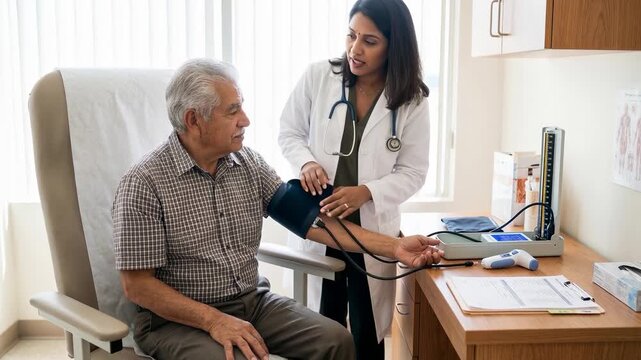 Indian Female Doctor Checking Senior Man's Blood Pressure in Clinic for Routine Medical Examination and Health Screening