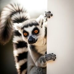 Fototapeta premium Curious primate peeks around a bright vertical surface showing bright orange eyes and a bushy striped tail