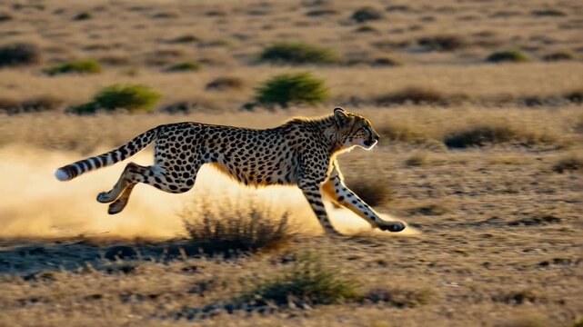 Cheetah running across african savanna at full speed in slow motion cinematic capture of wild predator hunting through dry desert landscape raising dust in golden sunlight