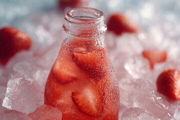 Fototapeta premium Chilled glass bottle filled with strawberry drink and fresh fruit pieces surrounded by crushed ice, creating a refreshing summer beverage concept
