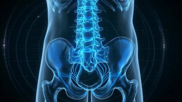 Human Spine X-ray Scan with Glowing Nerves and Vertebral Column, 3D Digital Medical Imaging for Diagnosis and Healthcare Technology