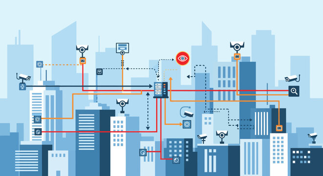 Connected city surveillance system with cameras on buildings and network lines in a modern urban skyline illustration