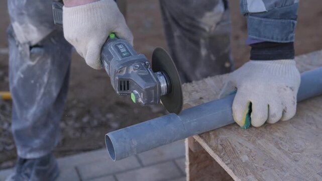 Worker Cutting Pipe With Grinder On Plywood Support, White Gloves And Denim Workwear, Focused Hands Guiding Gray Pvc Pipe, Slow Precise Motion, Clean Outdoor Construction Site, Plumbing