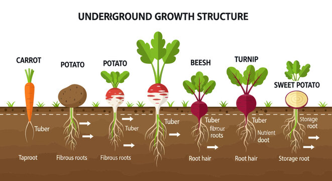 Underground Root Vegetable Growth Structure Diagram: Carrot, Potato, Beet, Turnip, Sweet Potato