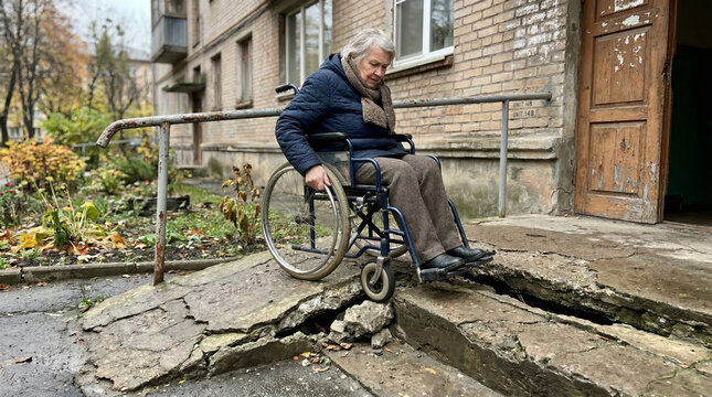 Elderly woman in wheelchair struggling over broken concrete ramp at entrance of apartment building. Accessibility challenge for disabled senior citizen. Urban infrastructure issue concept.