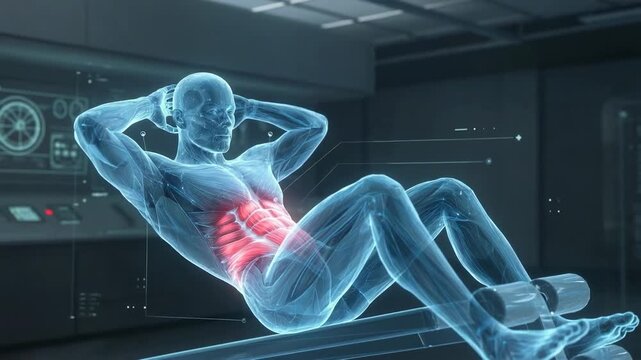 3D Holographic Human Anatomy Performing Sit-ups with Highlighted Abdominal Muscles