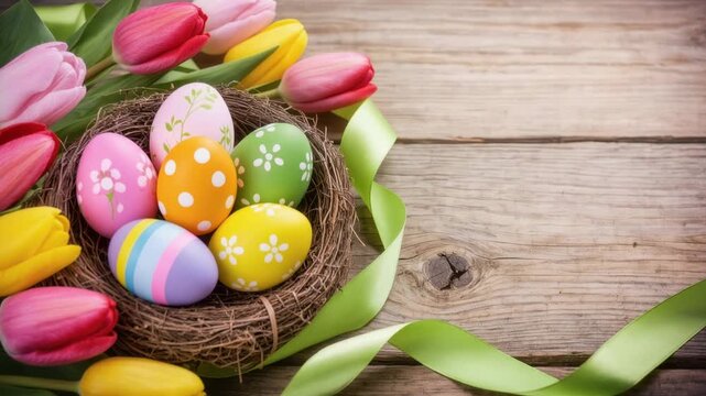 Decorative Easter eggs with floral and striped patterns arranged in bird nest with bright tulips and green ribbon on rustic wooden table. Spring holiday composition.