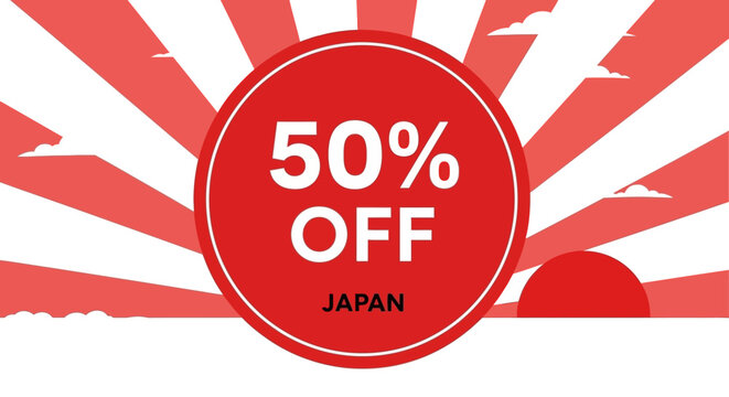 Japan 50% Off Sale Promotion Banner with Rising Sun Background