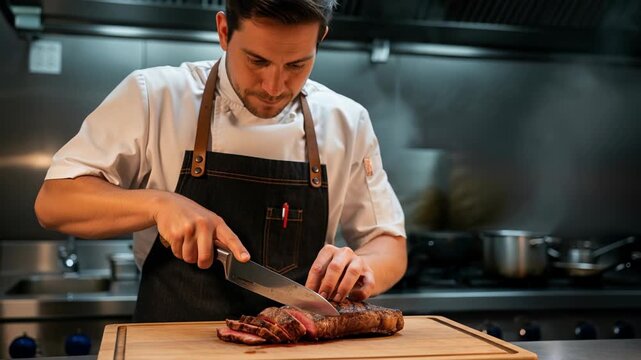 Chef prepares cooked meat by slicing it evenly in a busy kitchen environment
