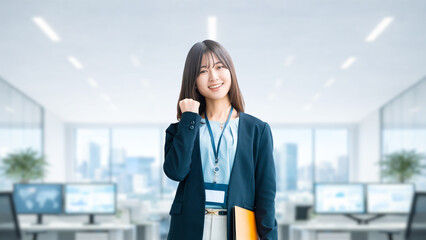 Fototapeta premium ガッツポーズをするビジネスウーマン オフィスの成功や達成イメージ, Businesswoman Making Victory Pose in Office Success Concept