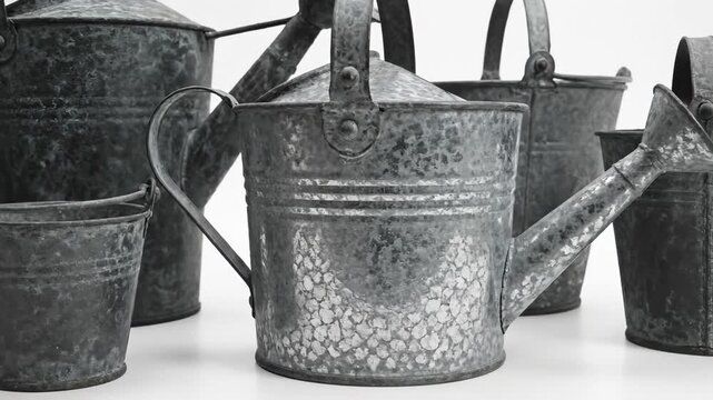 Collection of Vintage Galvanized Metal Watering Cans and Buckets on White Background
