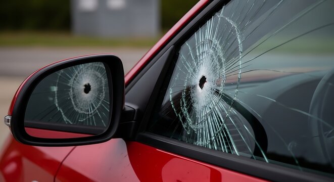 Closeup of red car with shattered side window and broken side mirror glass