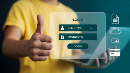 A person giving a thumbs up to a login screen on a laptop