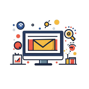 Nowoczesna ilustracja monitora komputerowego z ikoną koperty e-mail na ekranie, otoczona symbolami marketingu cyfrowego i analizy danych online.