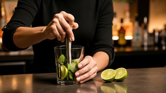 A person mashes fresh limes and mint in a glass to prepare a drink while working at a bar in the evening