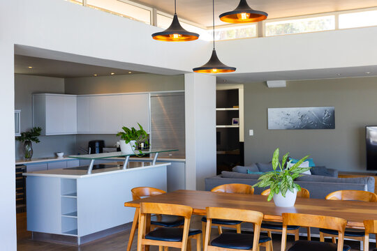 Long wood dining table showing six chairs with white potted plant centering open-plan home pendants