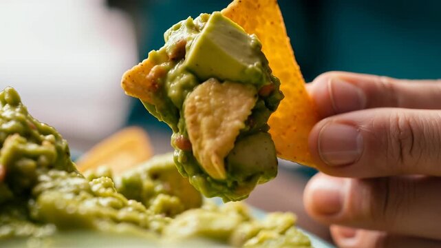 Someone dips a chip into a bowl of fresh guacamole and enjoys a tasty snack with friends at home