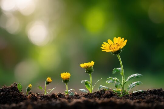Sprout Growth. Yellow flowers seedling growing steps. Development Process. Saplings sprouting in the rich soil. Blurred green natural background, sunlight. Positive indicators business success concept