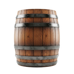 Obraz premium A photorealistic french oak aging barrel with matte black steel hoops isolated on a transparent studio background. Concept of beverage craftsmanship