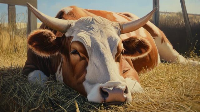 A cow relaxing in a green meadow