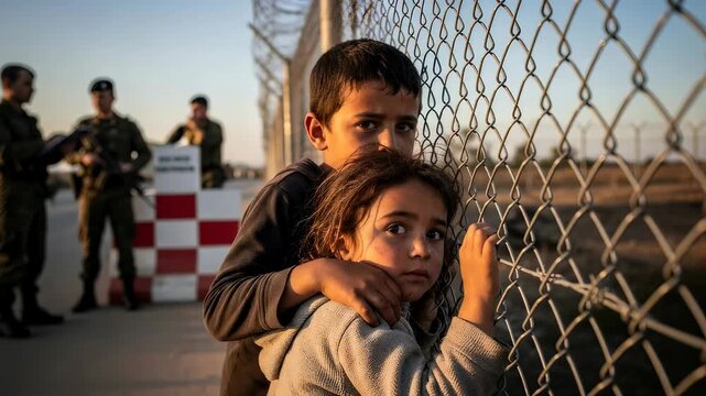 Refugee boy and girl hold a fence near soldiers at a border crossing, depicting forced migration and human struggle for freedom